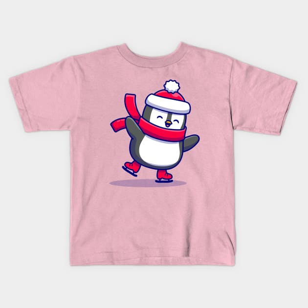 Cute Penguin Ice skating With Scarf Cartoon Kids T-Shirt by Catalyst Labs